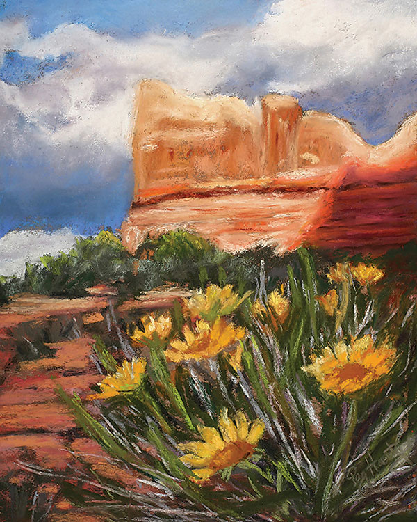 Mules Ear Daisies in Arches, pastel by Peggy Harty
